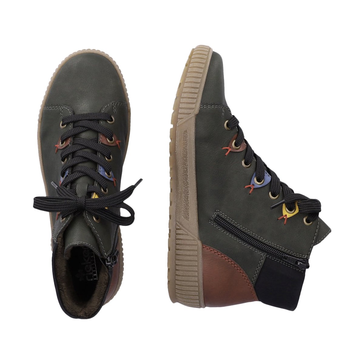 Bottines kaki à talon plat et à lacets et zip latéral avec oeillets colorés kaki, RIEKER
