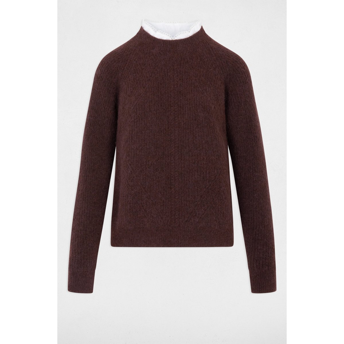 Pull col rond détails chemise marron foncé, MORGAN