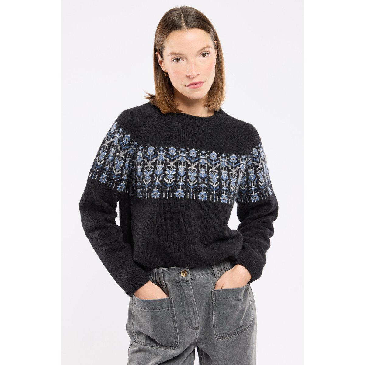 Pull jacquard Héritage - laine jacquard fleurs noir, ARMOR-LUX