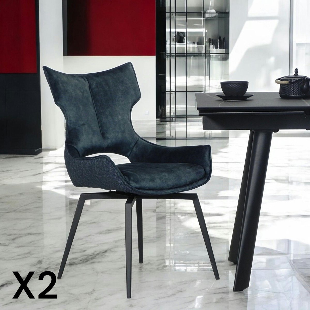 Chaise pivotante bleue bi-matière, dossier en T (lot de 2) LOMBARDIE bleu, PIER IMPORT