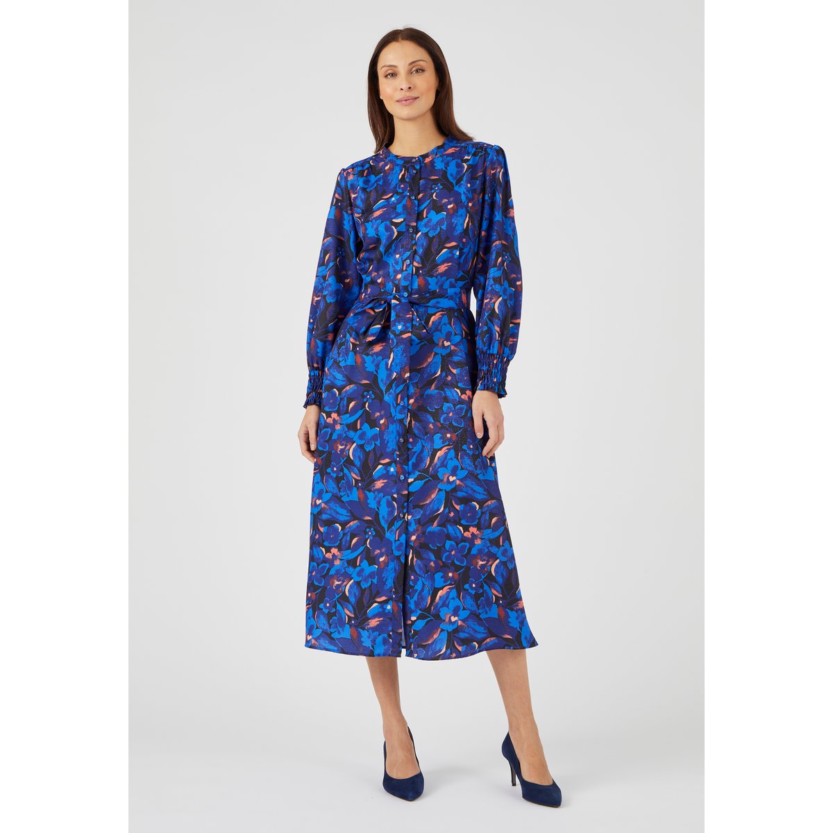 Robe-chemise fantaisie smockée bleu fleuri, DAMART