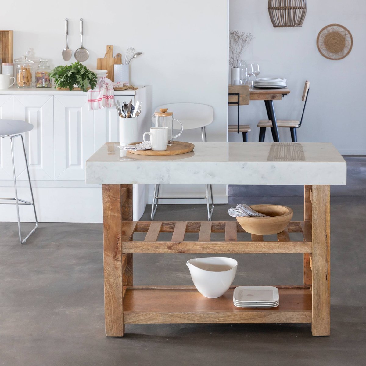 Billot en bois massif et marbre LOUCA blanc, MADE IN MEUBLES 
