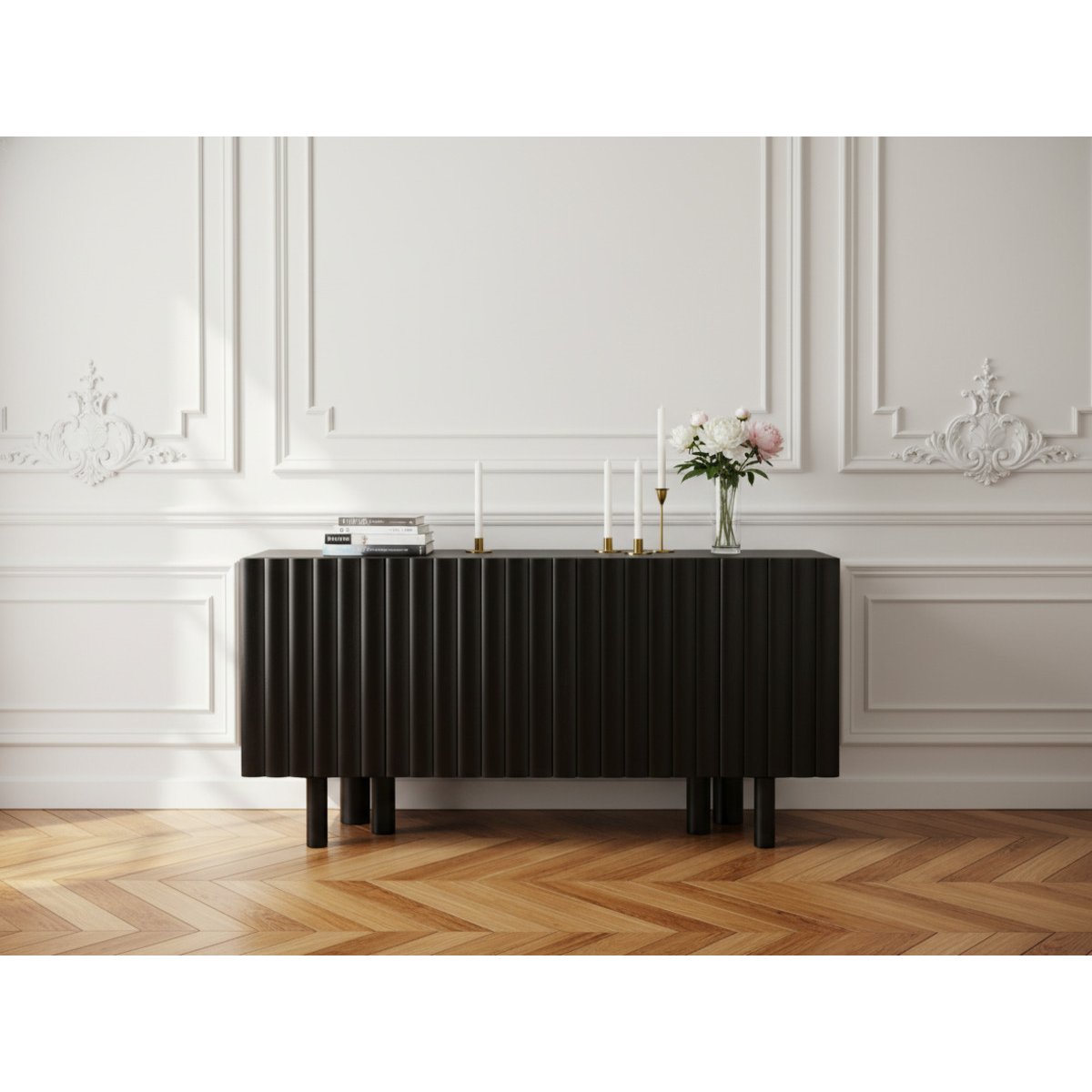 Buffet en bois massif 4 portes 160 cm, GABRIEL noir, BOBOCHIC