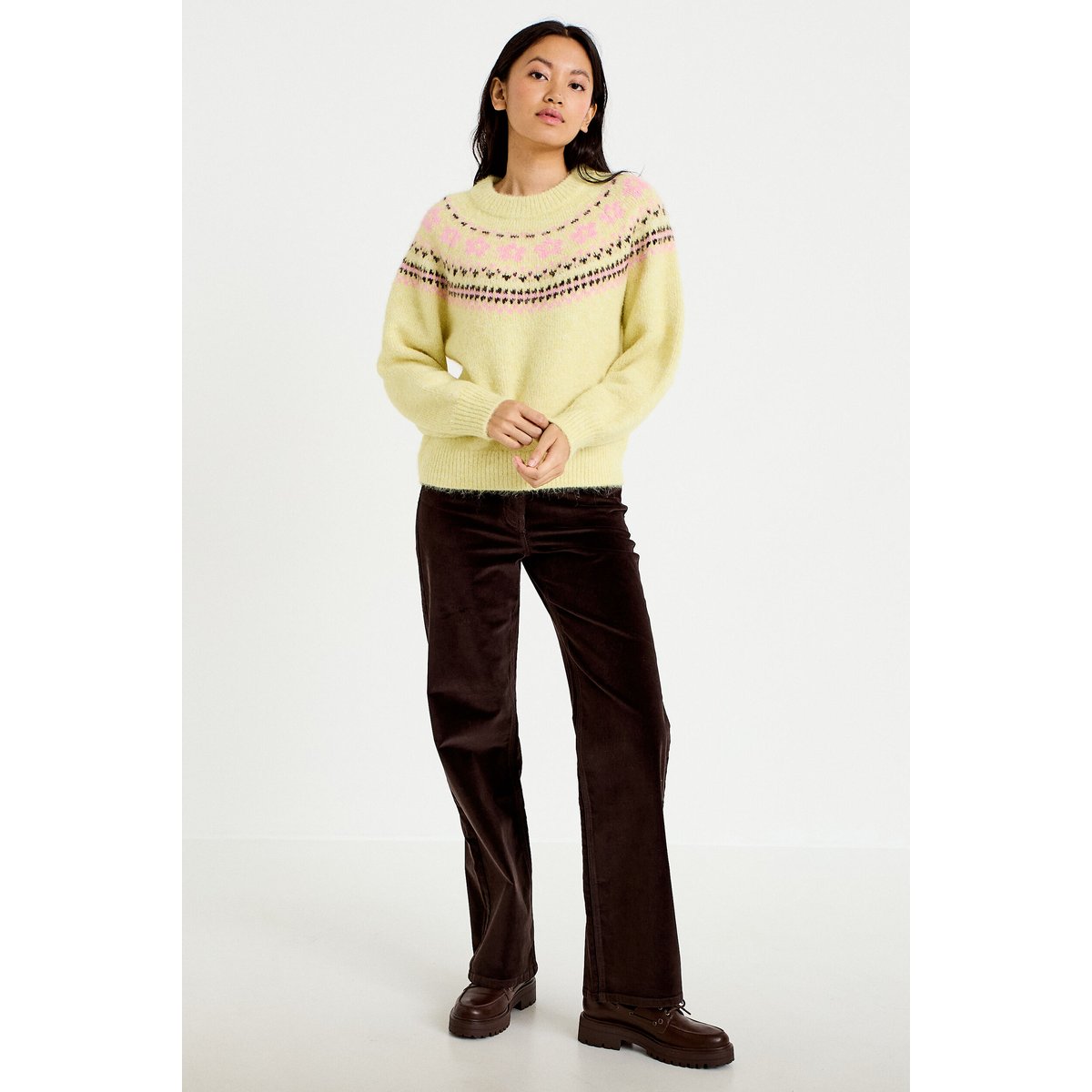 Pull col rond manches longues jaune clair, CACHE CACHE
