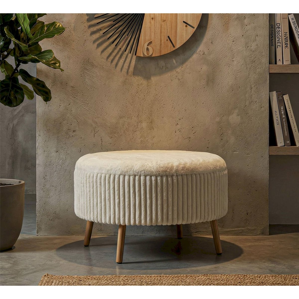 Pouf coffre rond au relief plissé MODERN blanc, RECOLLECTION