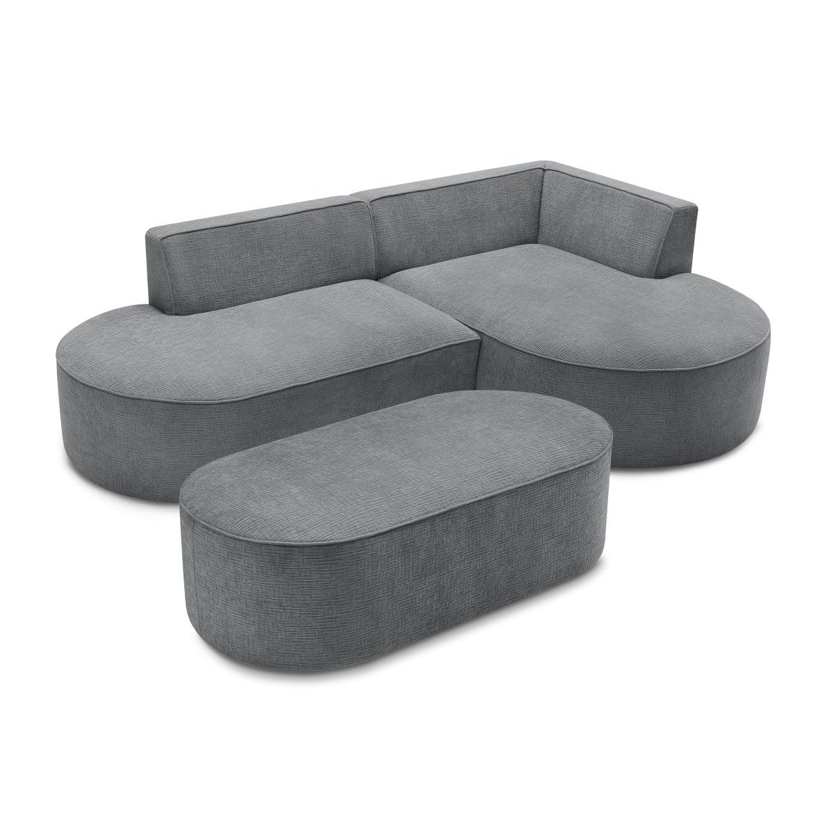 Canapé d'angle fixe 5 places en tissu texturé avec pouf, ROUSSEAU gris foncé, BOBOCHIC