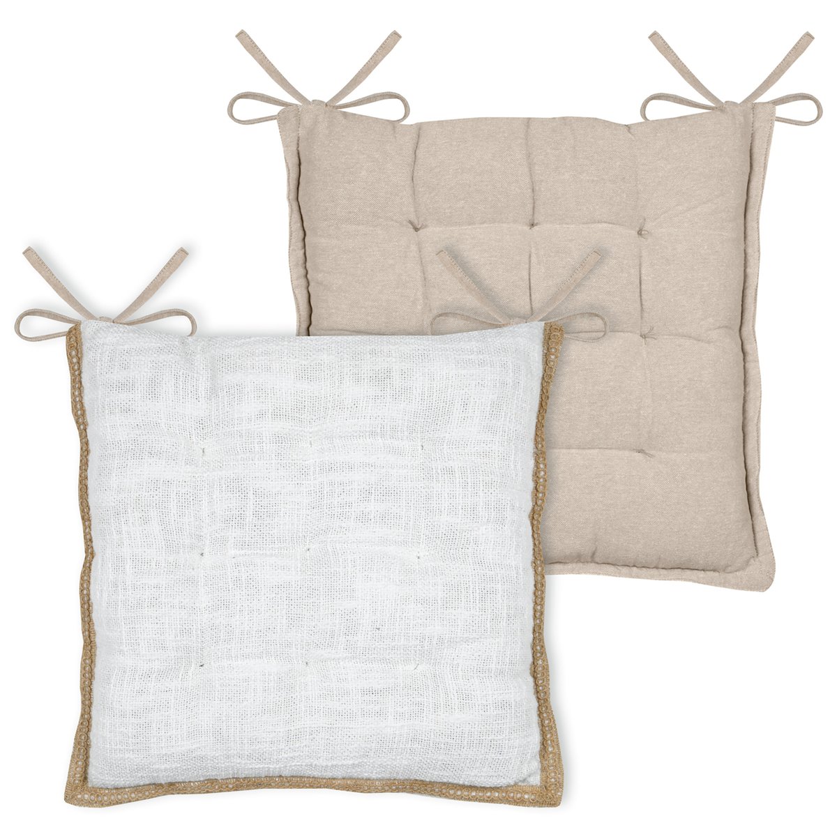 Galette de chaise matelassée poly-coton et jute blanc, LOVELY CASA