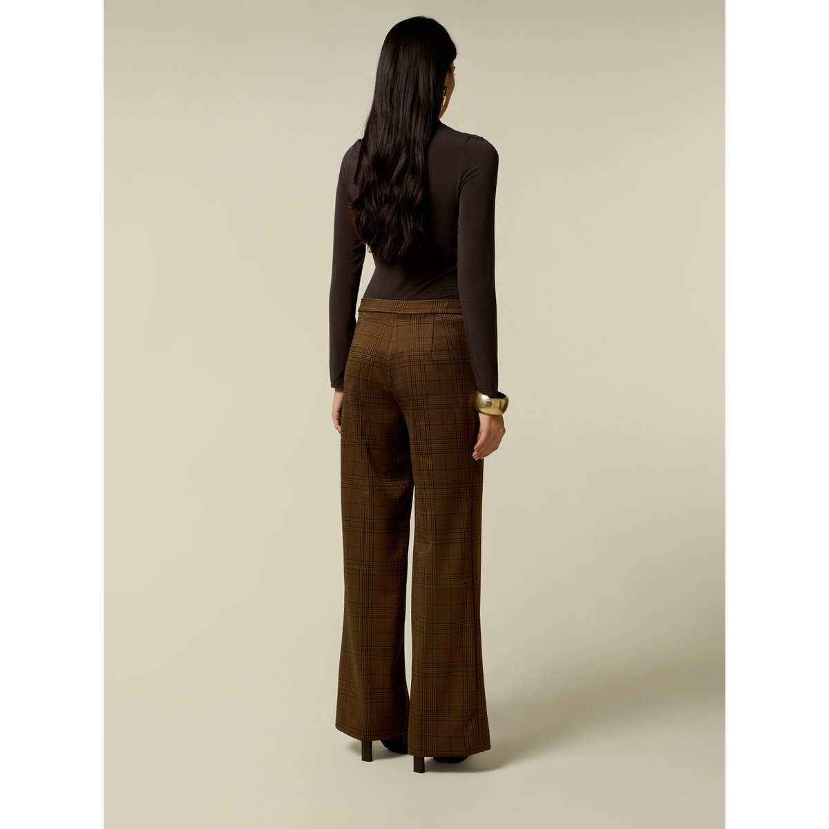 Pantalon palazzo à carreaux marron, OLTRE