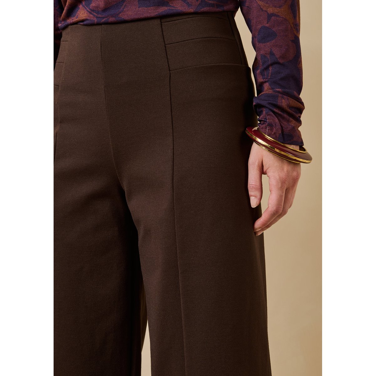 Pantalon cropped taille élastiquée chocolat, LA FEE MARABOUTEE