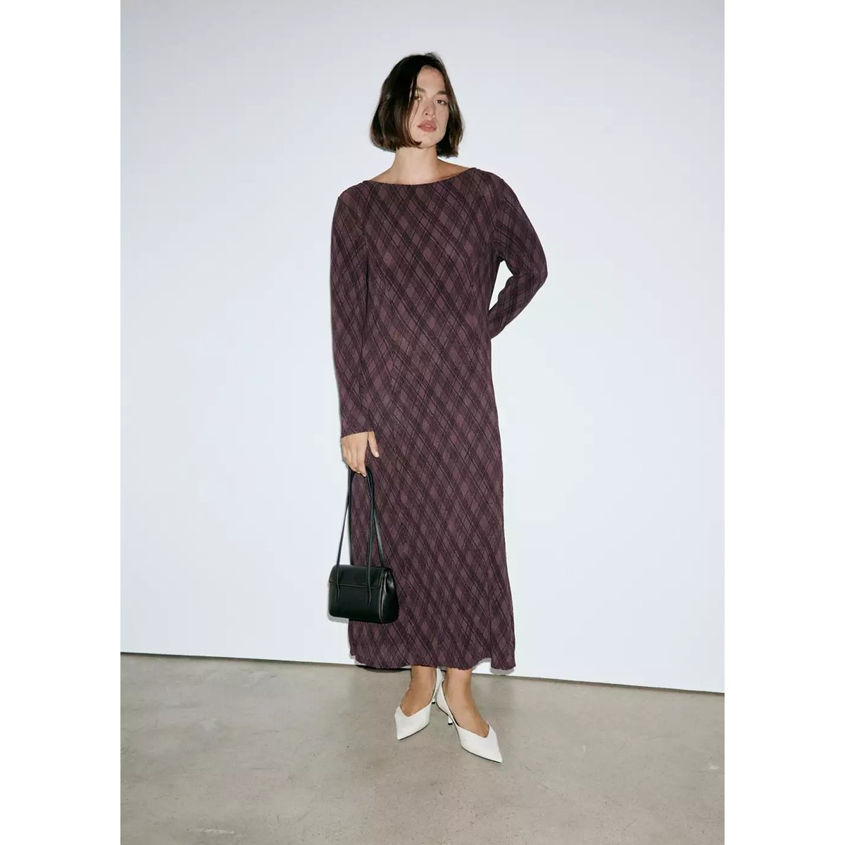 Robe manches longues carreaux marron, MANGO