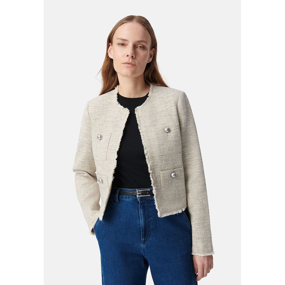 Tweed Style Short Jacket with Crew Neck linen, IKKS