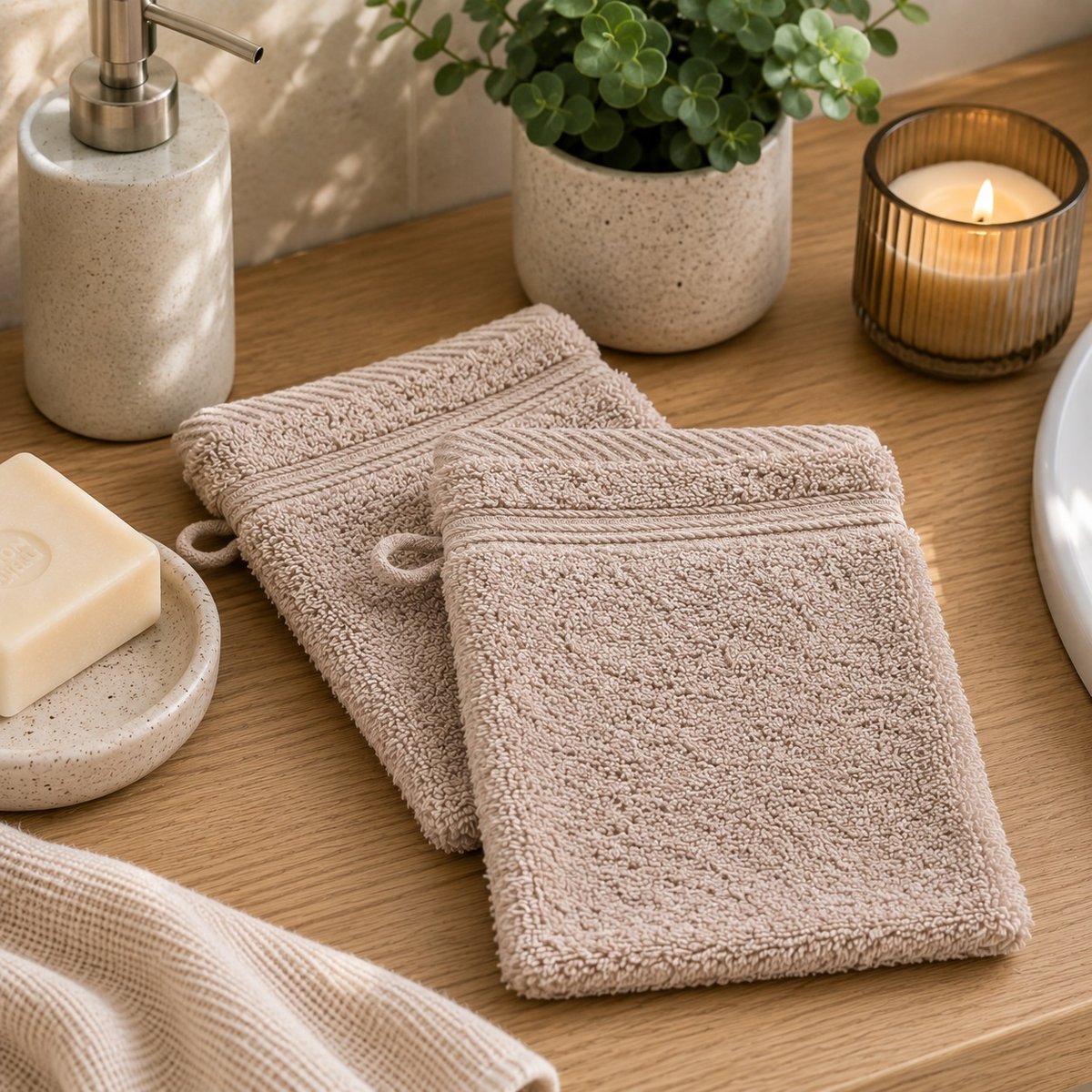 Lot de 2 Gants de toilette Tendresse uni en coton taupe, EDEN