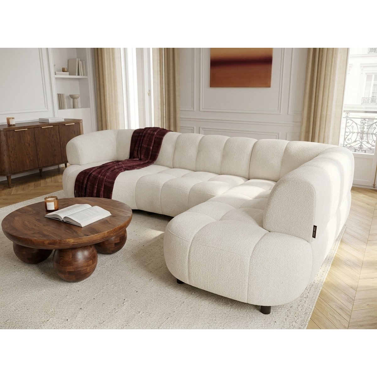 Canapé d'angle convertible 3 places en tissu lisse, LOVELY beige, BOBOCHIC