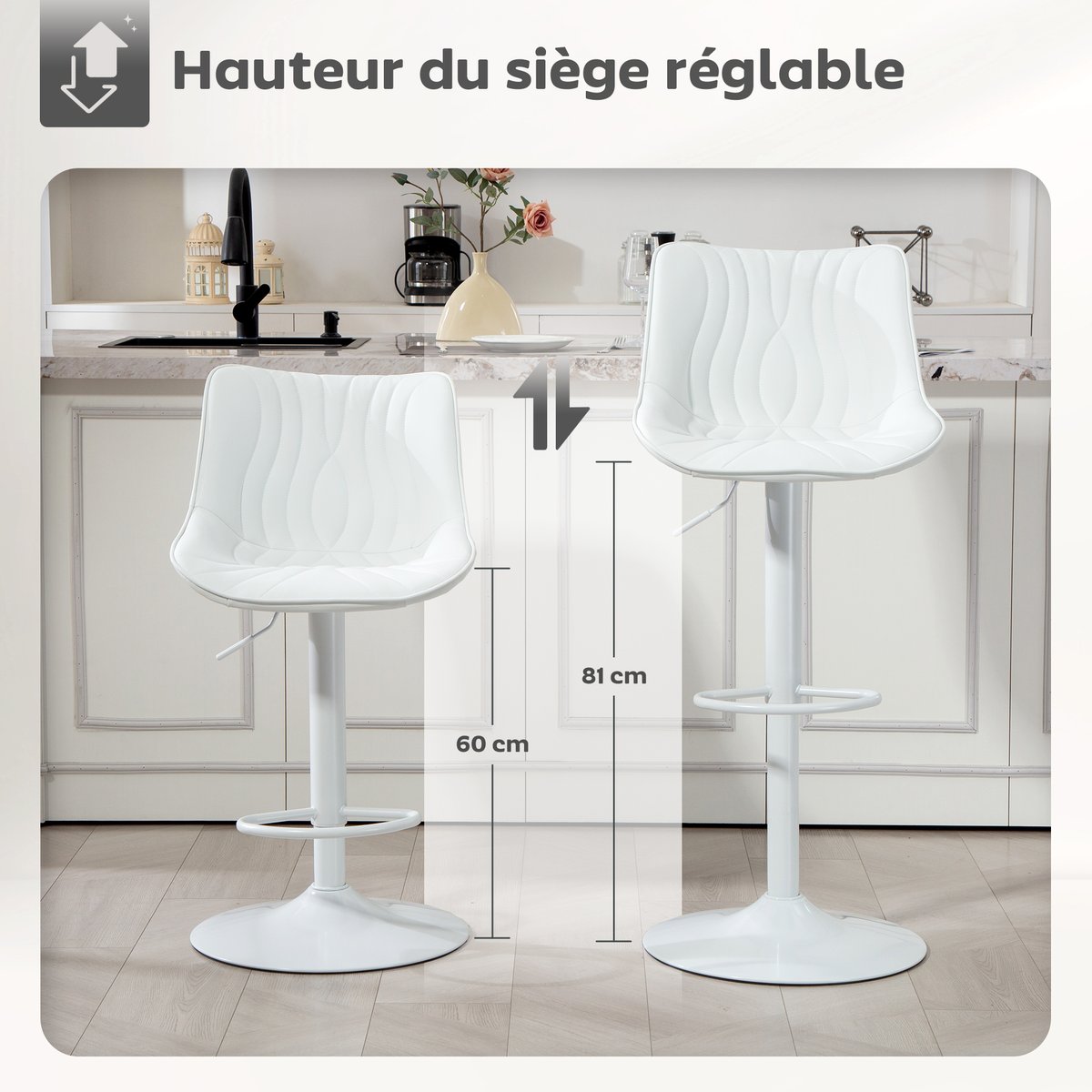 Tabouret de bar Polyuréthane Blanc blanc, HOMCOM