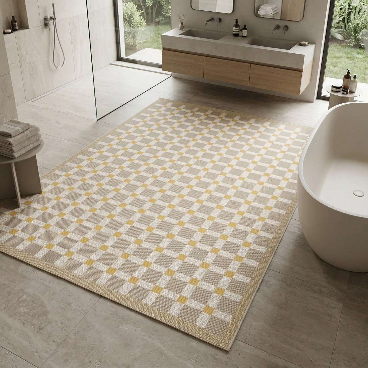 Tapis extérieur intérieur damier moderne  et  SUNSHINE DAMIER beige, jaune, THE DECO FACTORY