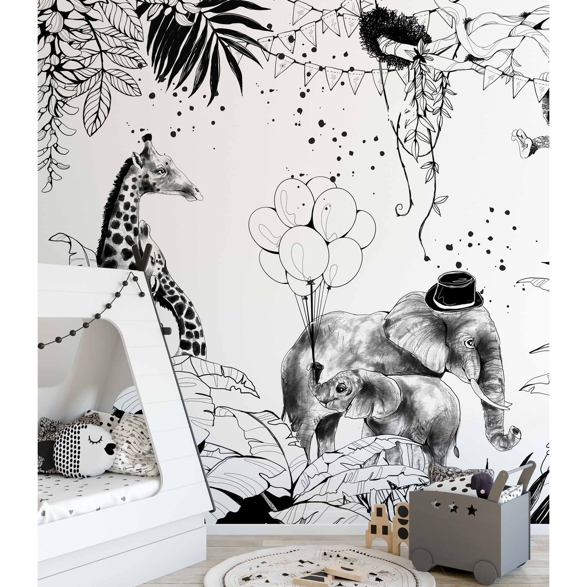 Papier peint panoramique Cirque de la jungle, Noir et blanc 425 x 250cm noir et blanc, ACTE DECO