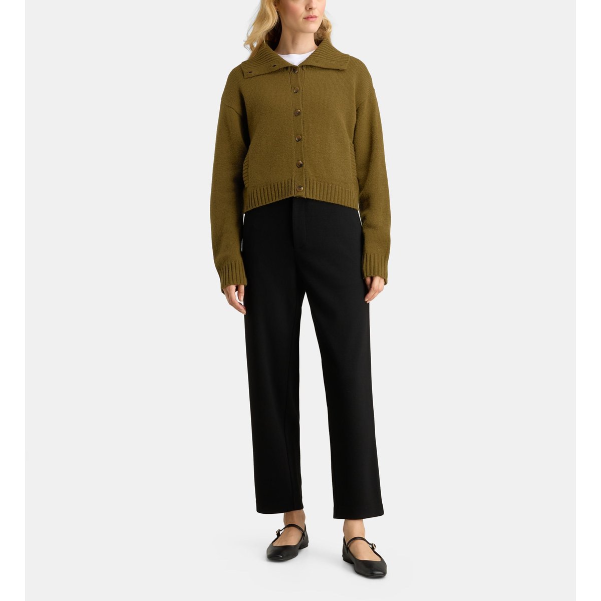 Cardigan droit court fjord maille laine vert, GALERIES LAFAYETTE