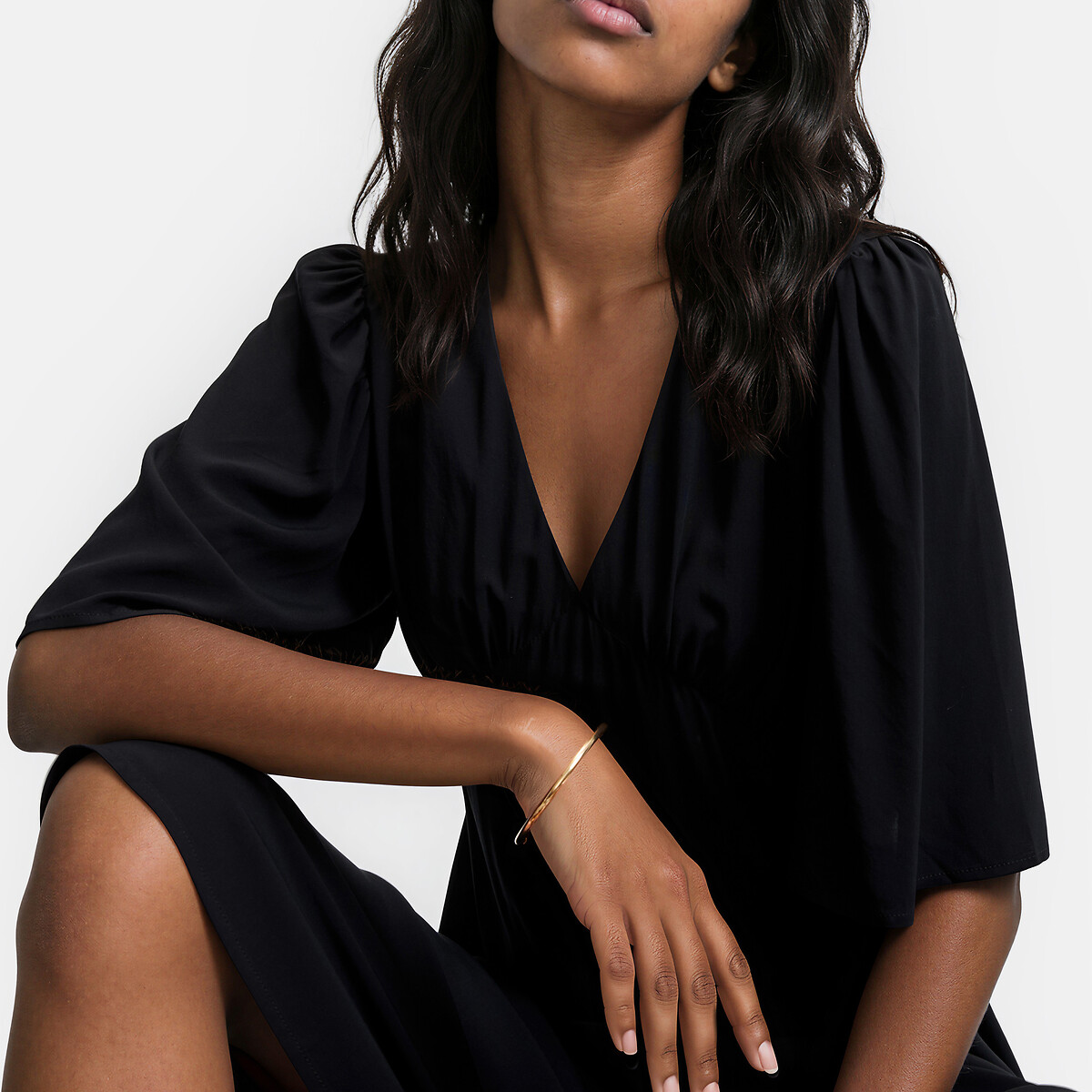 Langes Kleid mit V-Ausschnitt und kurzen Schmetterlingsärmeln schwarz, LA REDOUTE COLLECTIONS