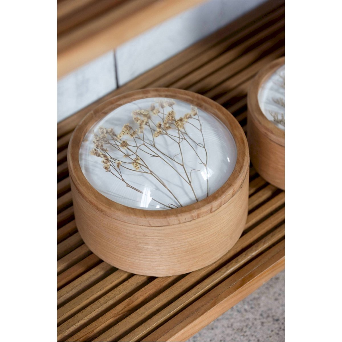Boîte ronde en bois à couvercle floral bois clair et transparent, RECOLLECTION