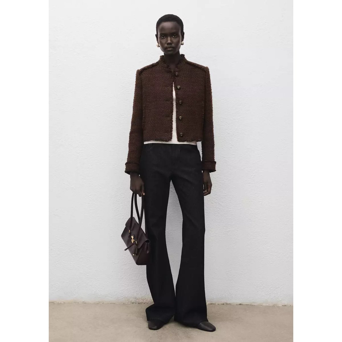 Veste tweed bords effilochés marron, MANGO