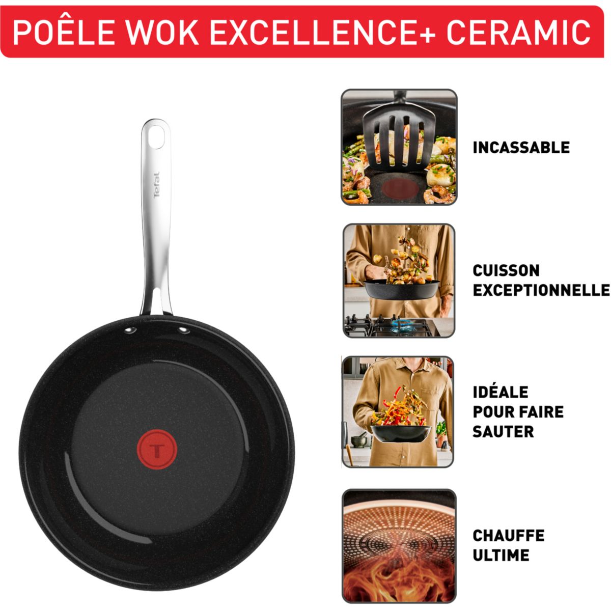 Wok EXCELLENCE + CERAM 28cm couleur unique, TEFAL