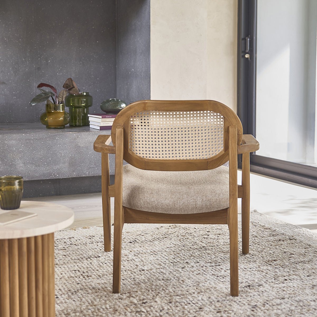 Fauteuil en teck massif , cannage et tissu  SABI grege, BERAH GETAH
