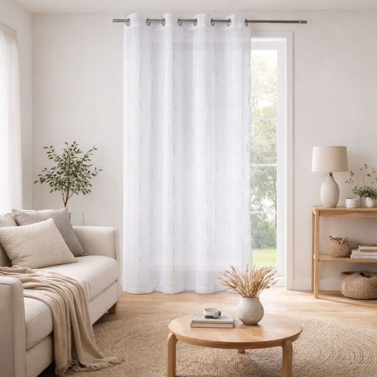 Voilage blanc print traits blancs et gris blanc, HOME MAISON
