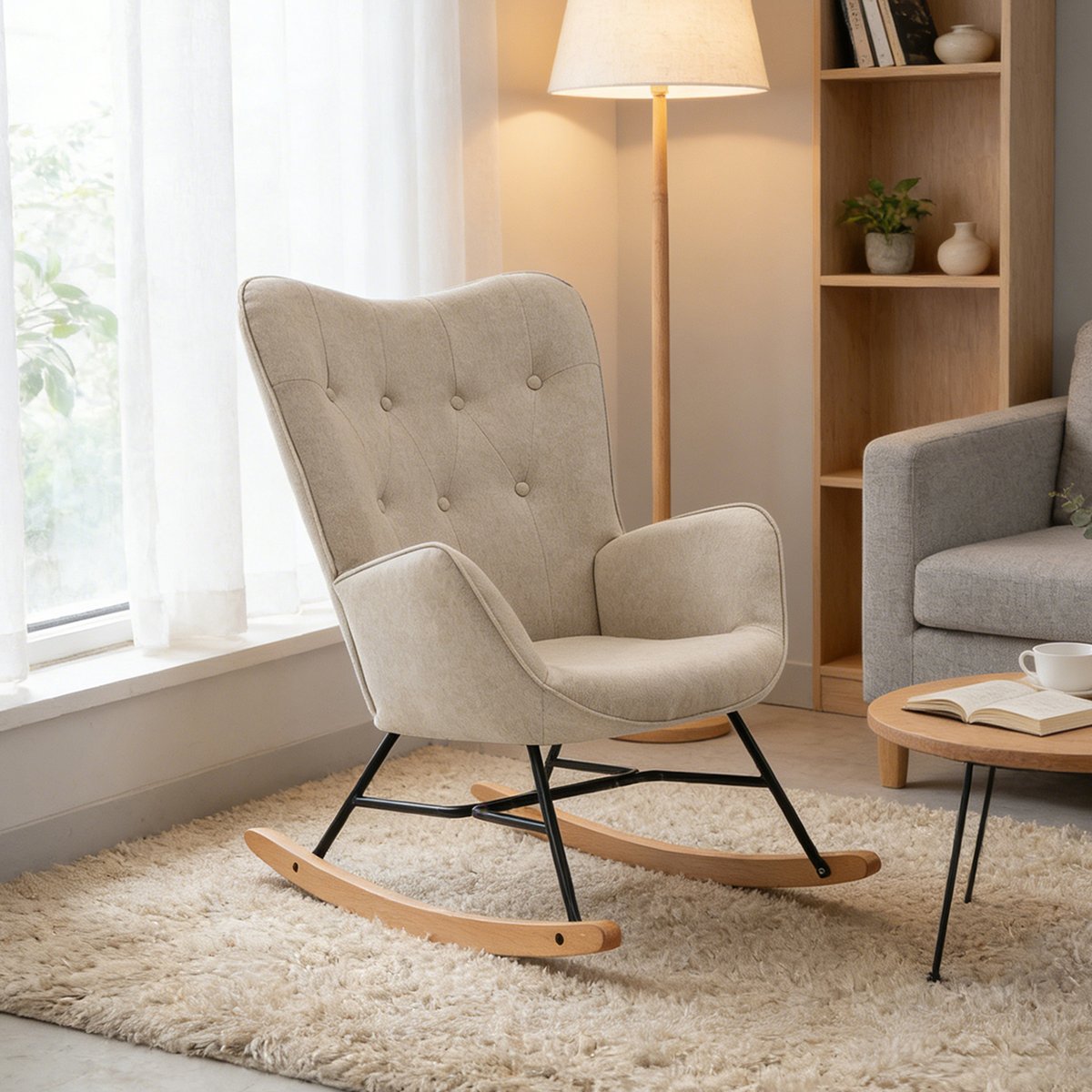 Fauteuil à bascule rocking chair scandinave, EPPING beige, MEUBLES COSY