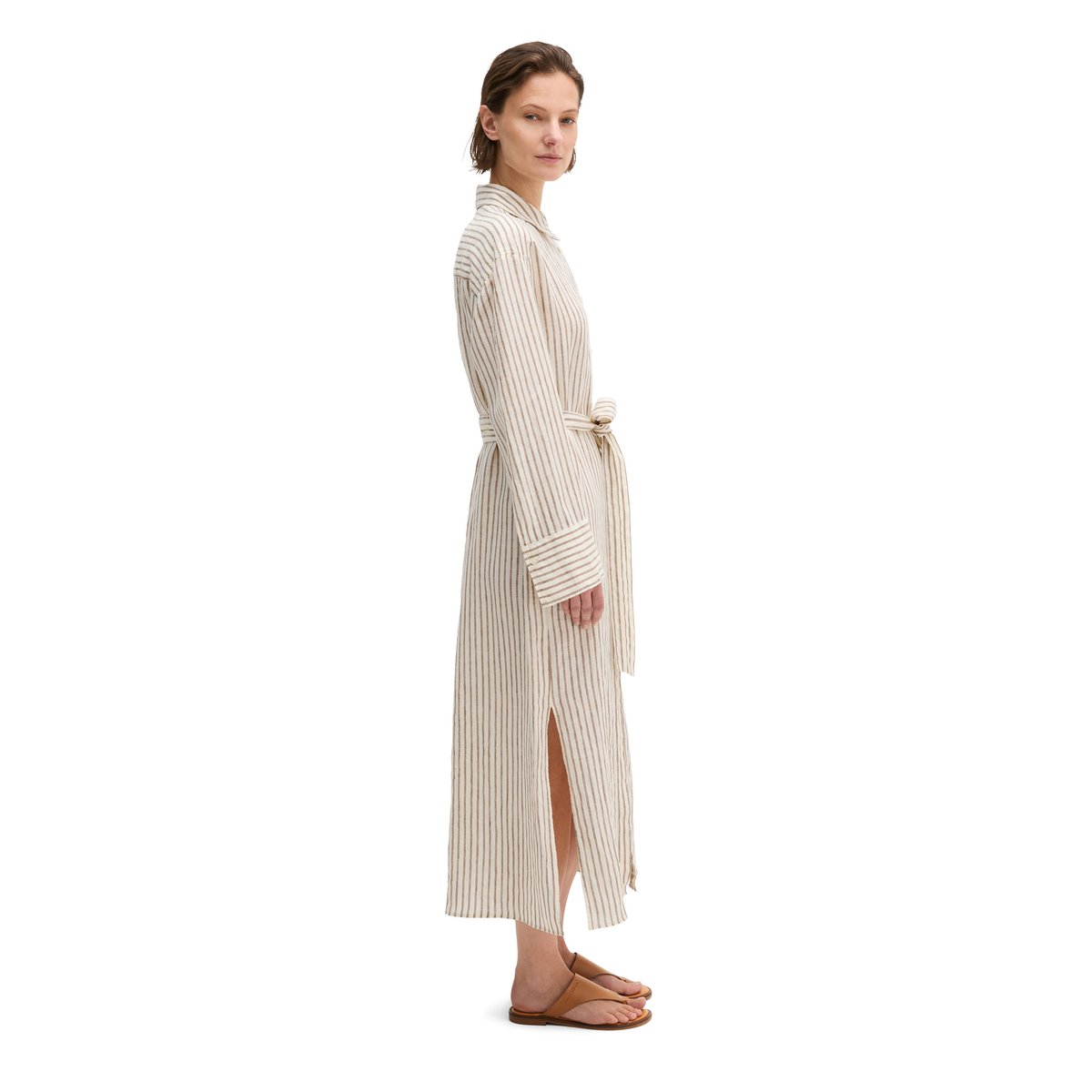 Robe-chemise en lin relaxed avec motif à rayures teinté dans la masse marron, MARC O'POLO