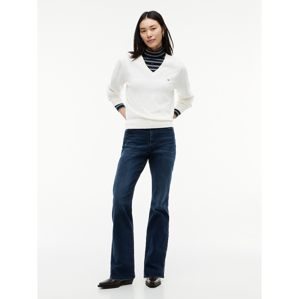 Pull col V manches longues ecru, TOMMY JEANS