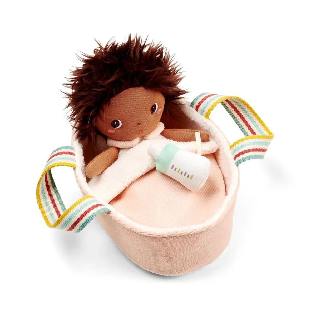 Poupée en tissu 21cm et son couffin marron, LILLIPUTIENS