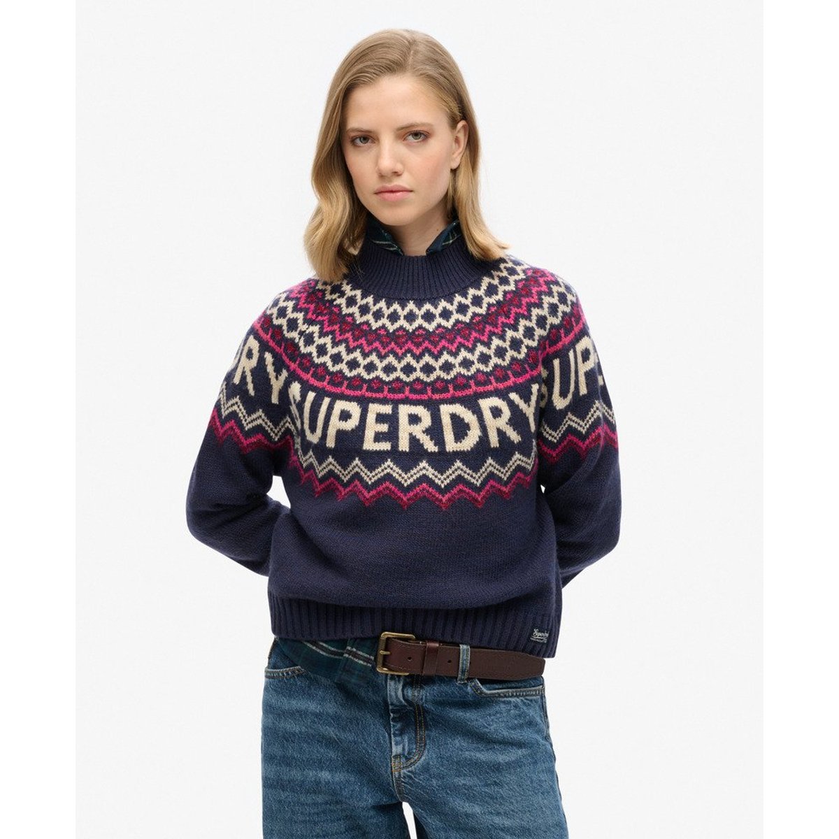 Pull à motif jacquard multicolore bleu marine insulaire, SUPERDRY