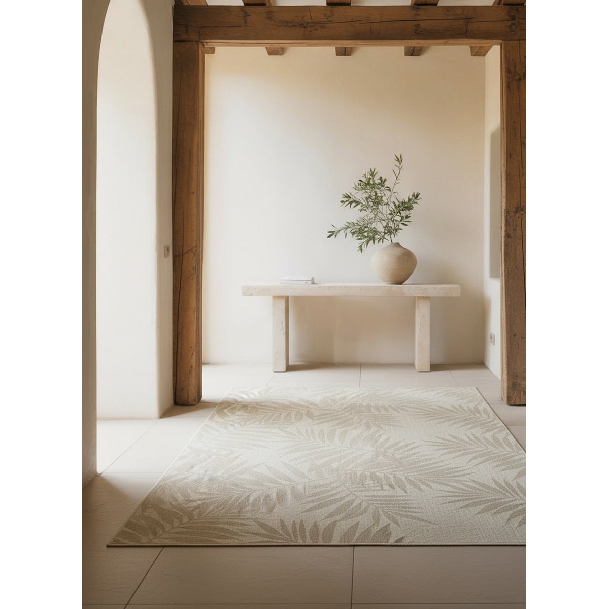 Tapis intérieur extérieur feuilles de palmier TULUM beige sable, AFK LIVING