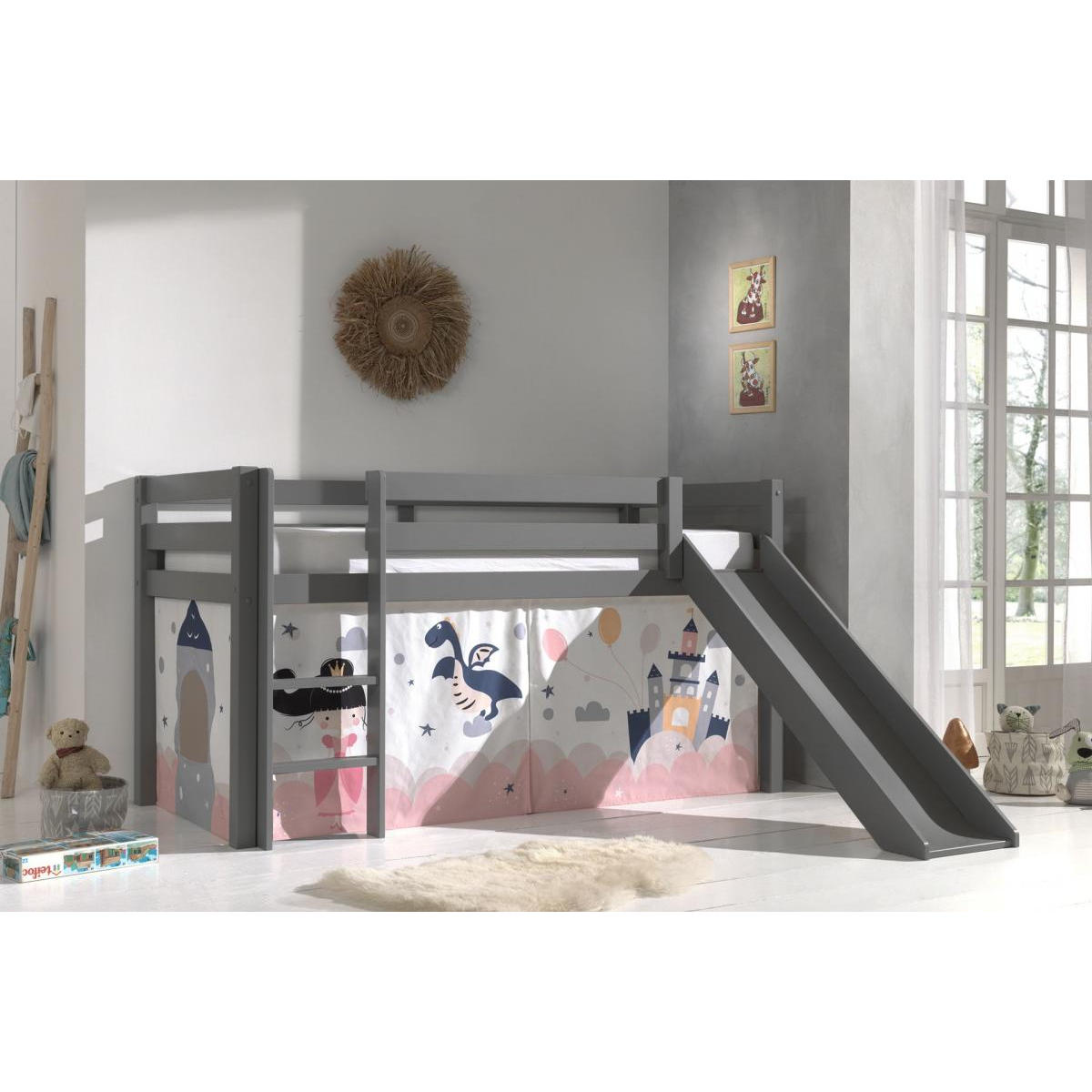 PINO Lit mezzanine avec toboggan pin massif Gris + Rideau pour lit en 4 parties Princess couleur unique, VIPACK