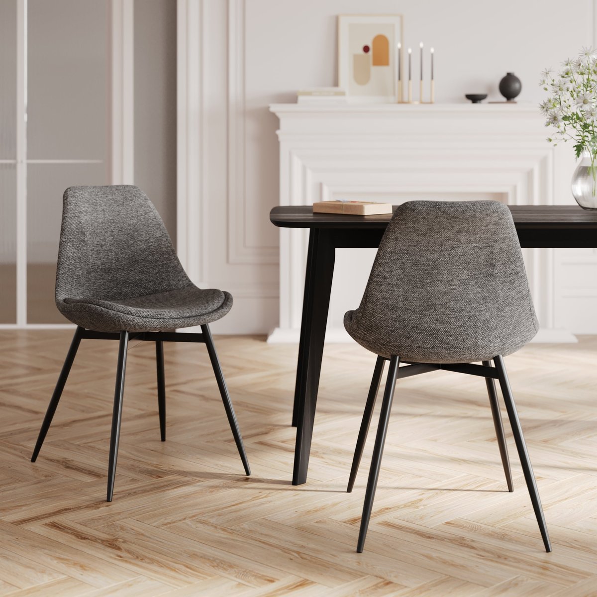 Lot de 2 chaises en tissu chiné et pieds en métal - FILIPI gris foncé chiné, MAISON PAVANE