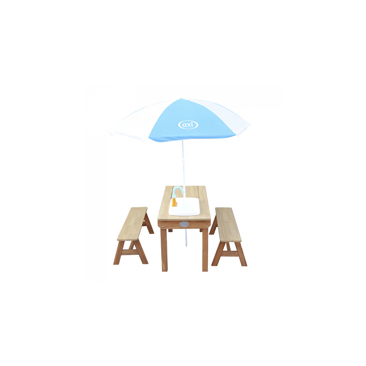 AXI Dennis Table sable et eau Picnic avec cuisine evier et banc Marron Parasol Bleu Blanc couleur unique, AXI HOUSE