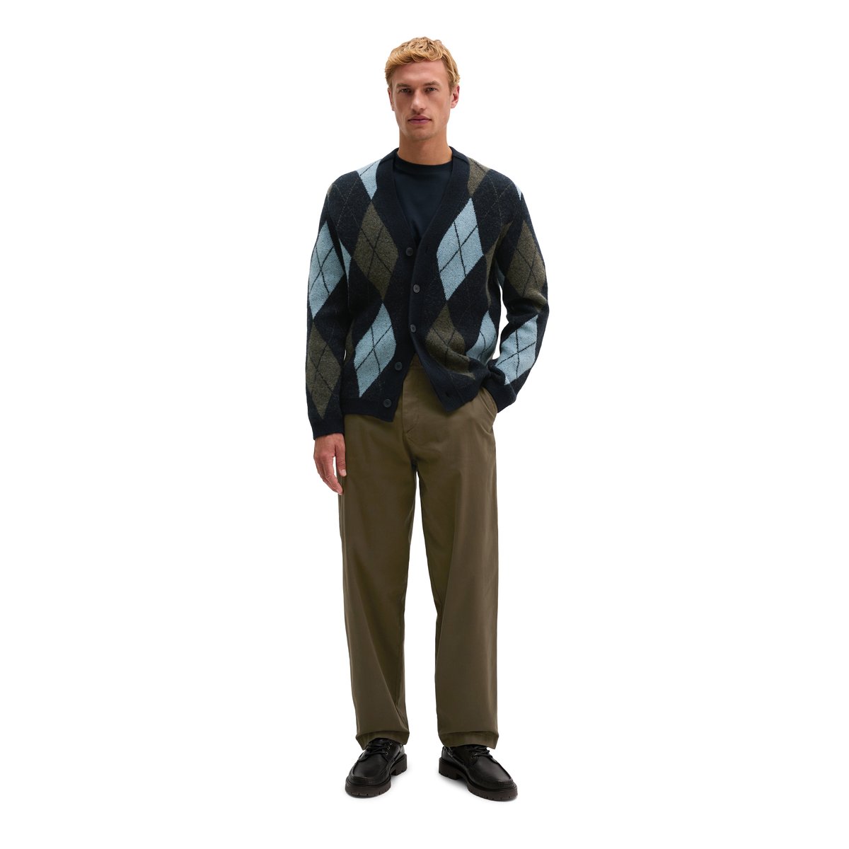 Cardigan à motif argyle en mélange de laine moelleux bleu, MARC O'POLO