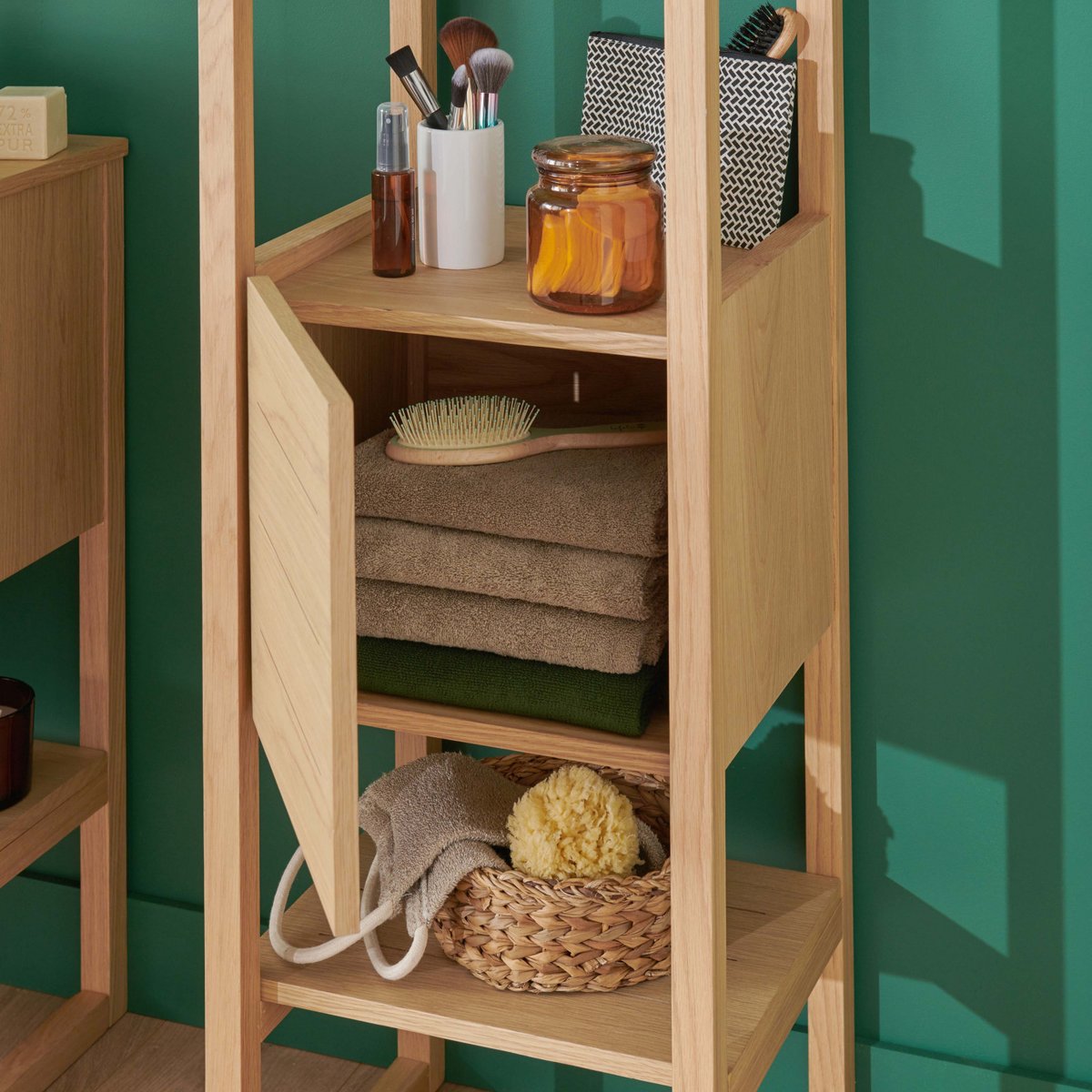 Meuble simple 70cm + vasque + miroir + colonne ATOLL bois clair, MOB IN