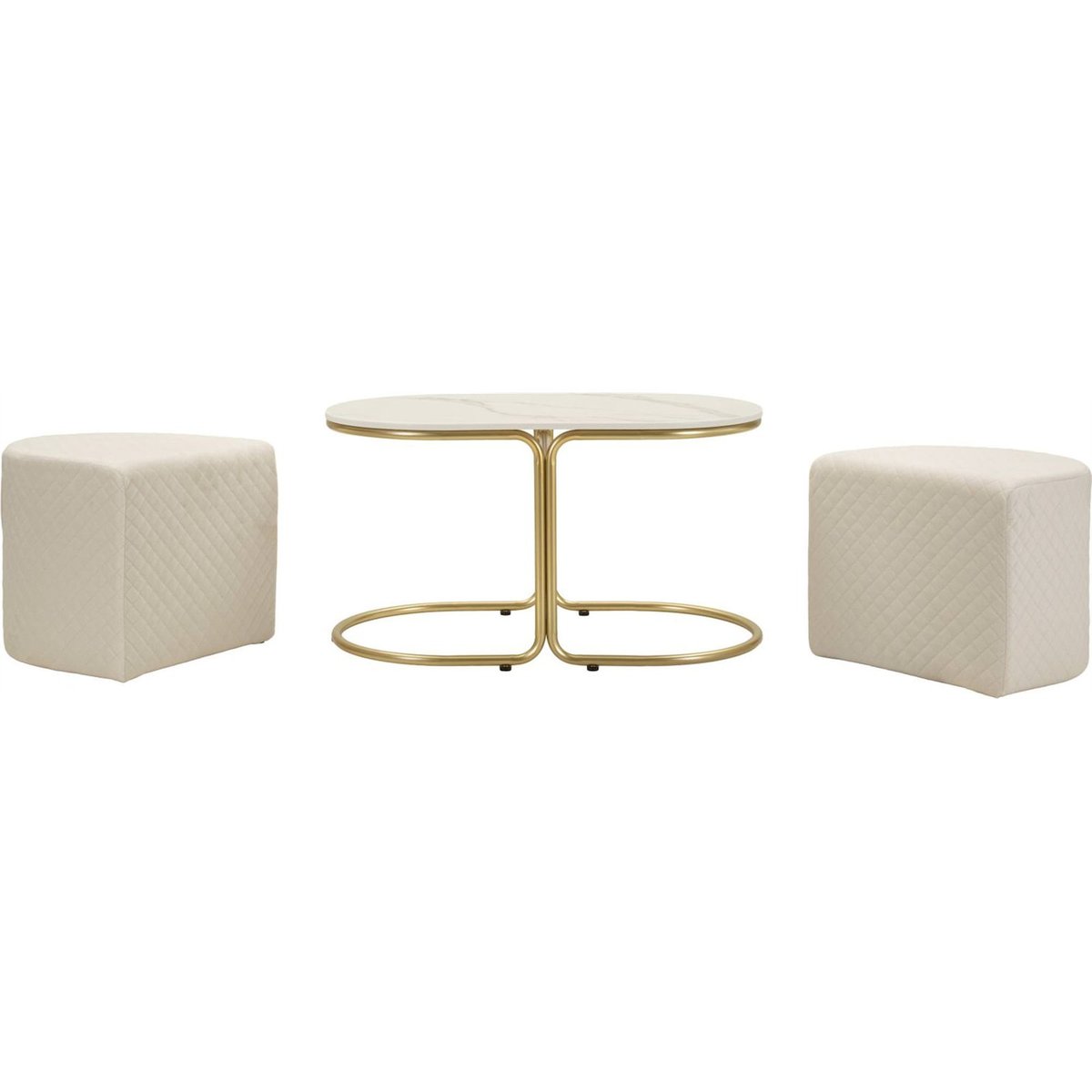 Table basse effet marbre avec 2 poufs MODERN blanc et doré, RECOLLECTION