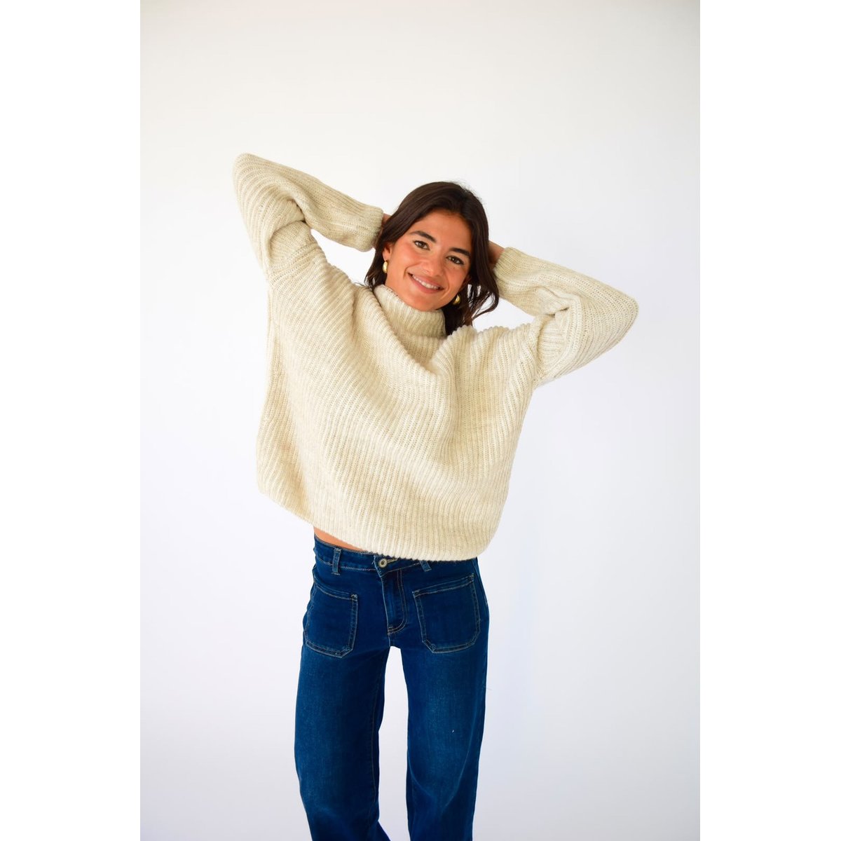 Pull col montant maille côtelée RITA beige, MINDTRAVELER