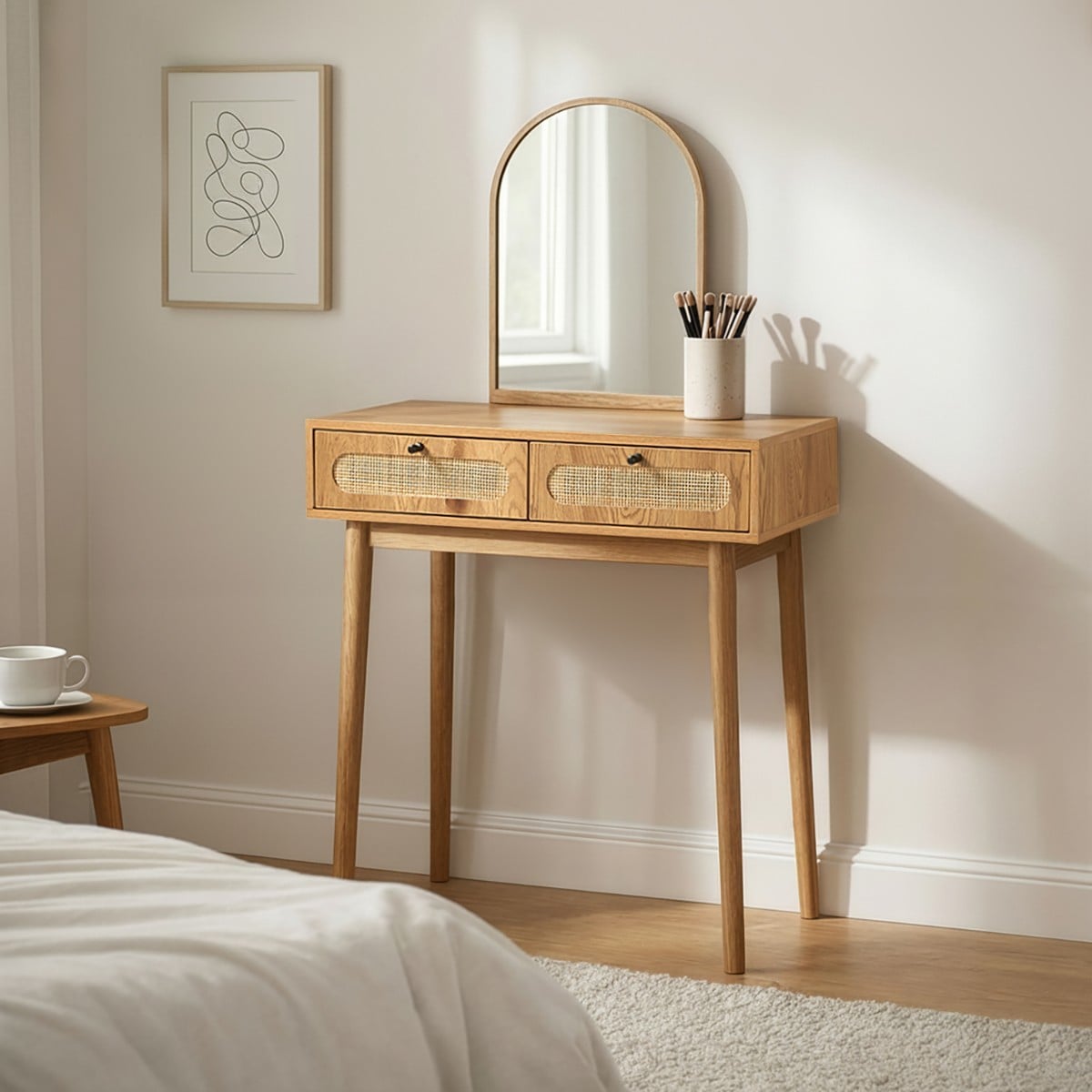 Coiffeuse miroir et 2 tiroirs en rotin ALIA bois clair, CALICOSY