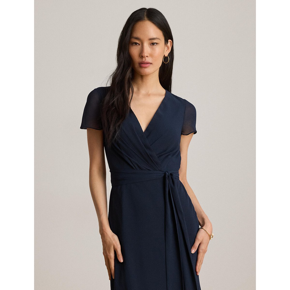 Robe longue à col V croisé et manches courtes marine, LAUREN RALPH LAUREN