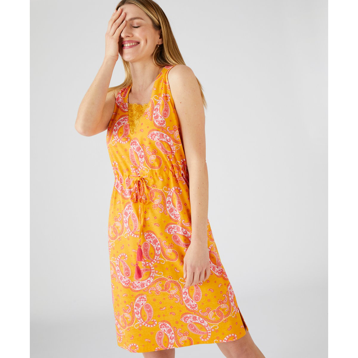 Chemise de nuit maille jersey coton peigné jaune imprimé, DAMART