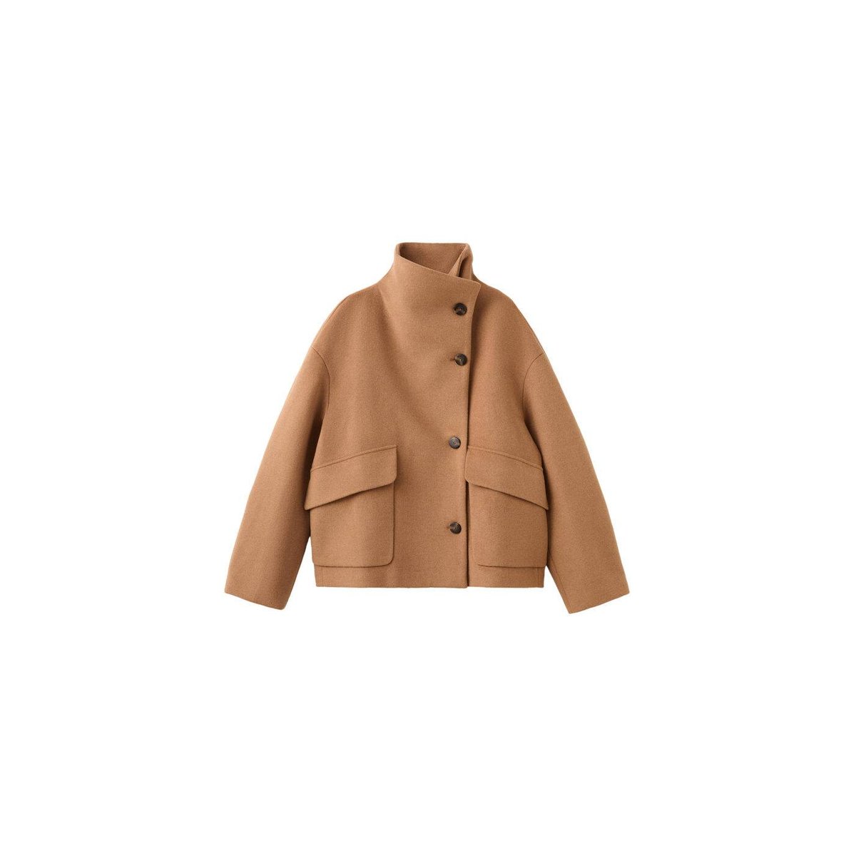 Manteau laine mélangée col cheminée marron moyen, MANGO