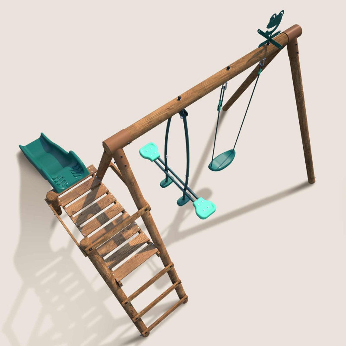Portique en bois rond 2 agrès et toboggan bas MENTHE marron, SOULET