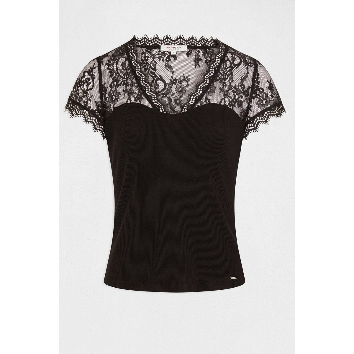 T-shirt manches courtes avec épaules en dentelle noir, MORGAN