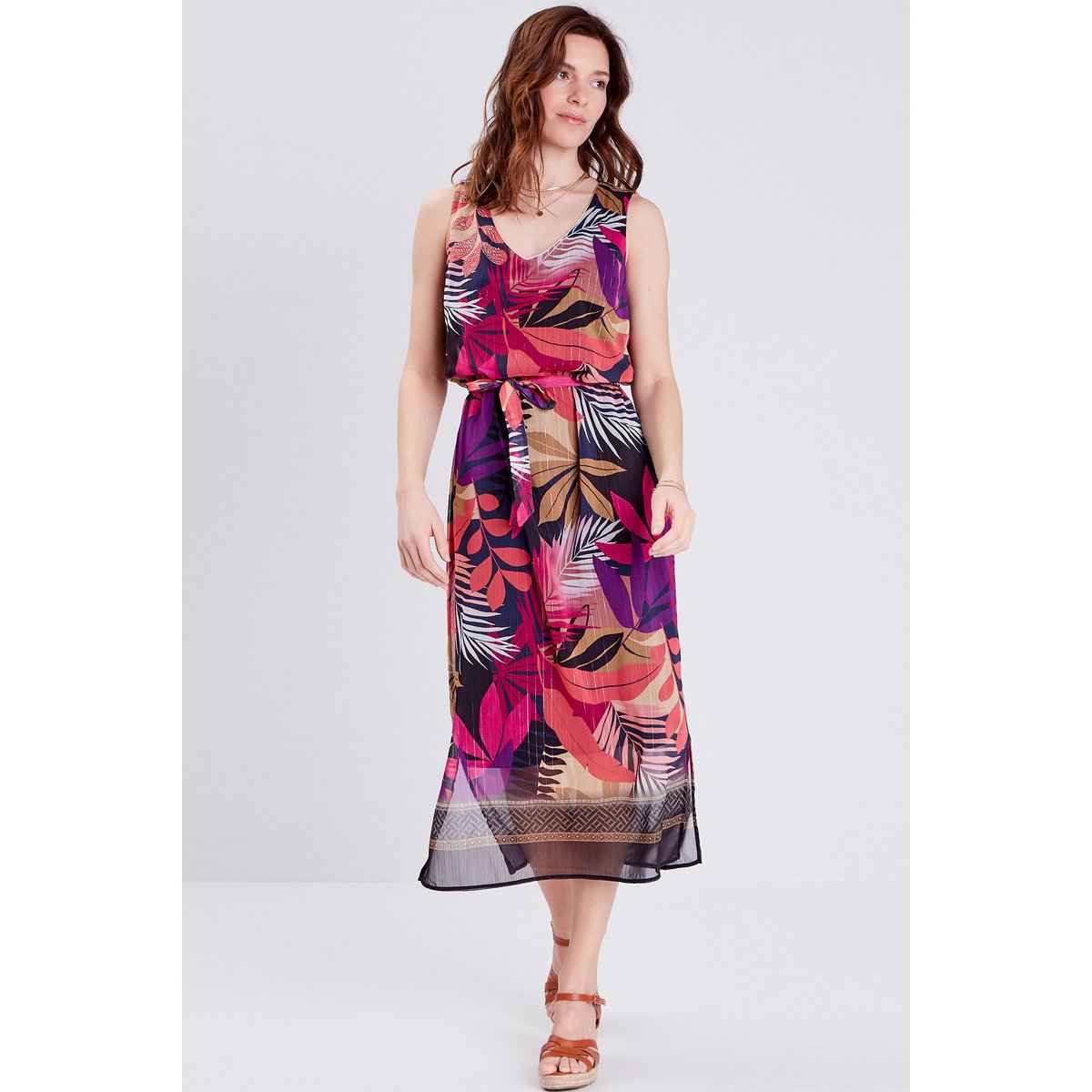 Robe longue droite ceinturée rose, BREAL
