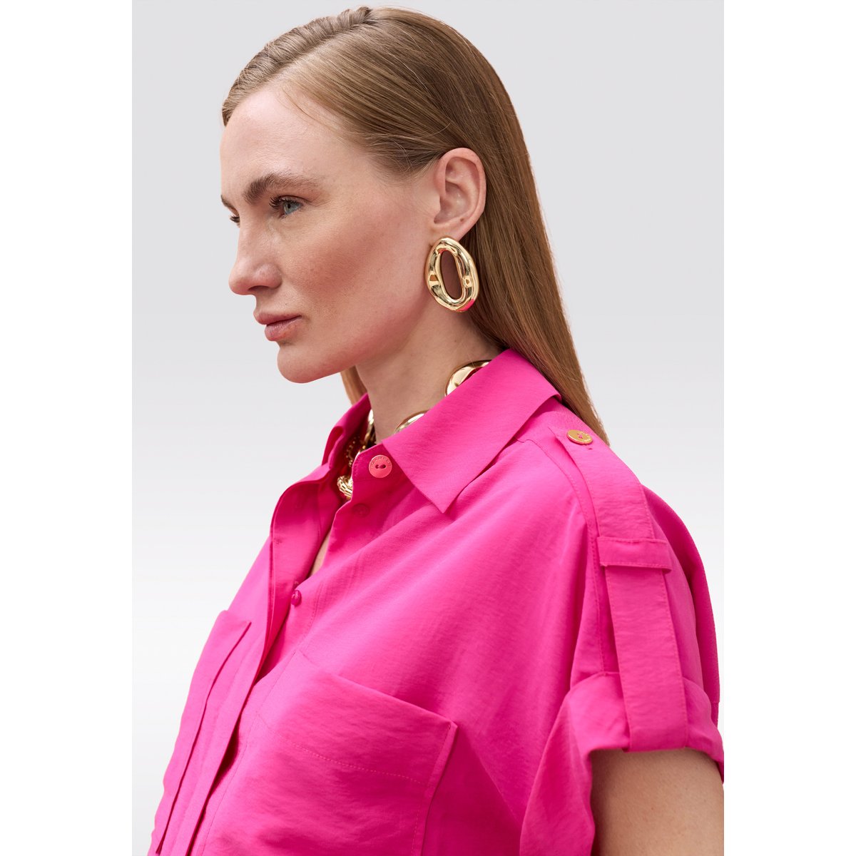 Chemise à manches tombantes avec poches et boutons siglés fushia, LOLA CASADEMUNT