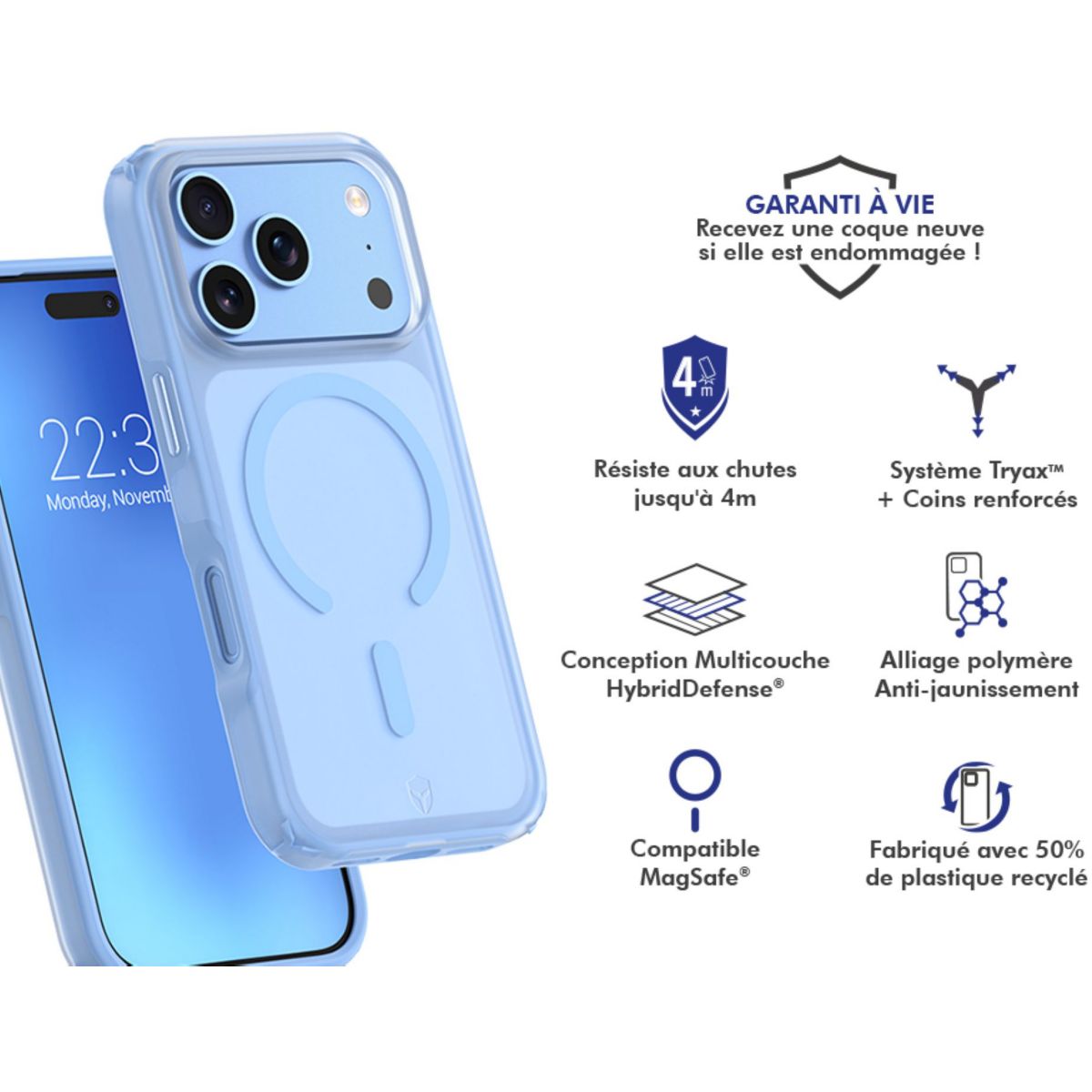 Coque iPhone 18 Pro/17 Pro Bleu clair couleur unique, FORCE CASE
