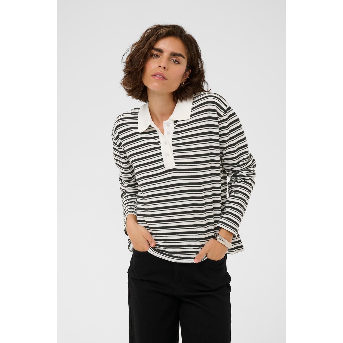 Chemise polo blanc chalk with black deep stripe, KAFFE